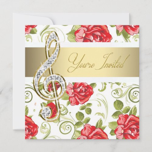 Red Rose Gold Treble Clef Recital Invitation