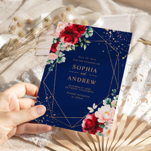 Red Rose & Gold Watercolor Floral Save the Date Invitation