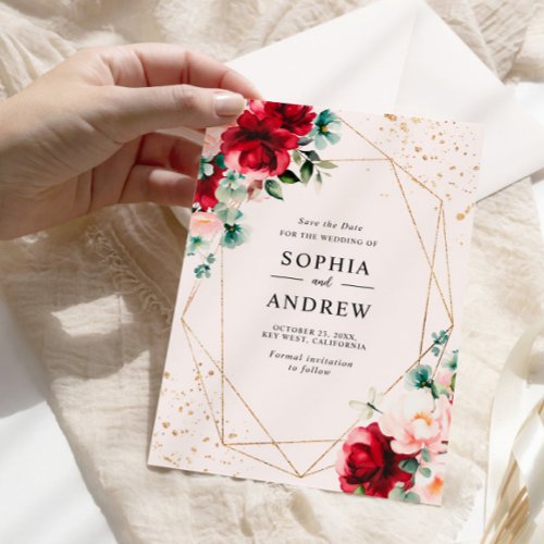 Red Rose  Gold Watercolor Floral Save the Date Invitation
