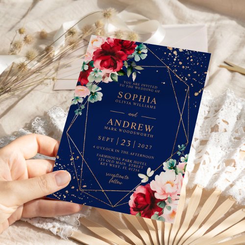 Red Rose  Gold Watercolor Floral Wedding Invitation