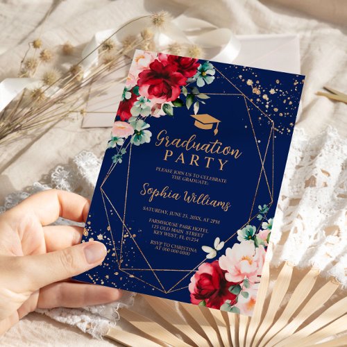 Red Rose  Gold Watercolor Graduation Party  Invitation