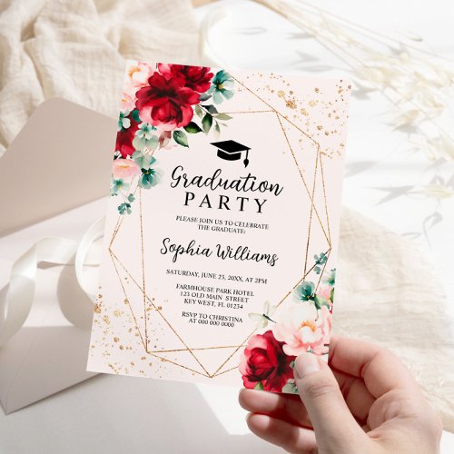 Red Rose  Gold Watercolor Graduation Party  Invitation