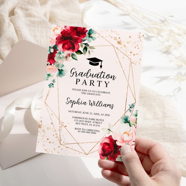 Red Rose & Gold Watercolor Graduation Party  Invitation (Creator Uploaded)