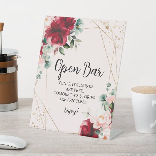 Red Rose  Gold Watercolor Open Bar Sign