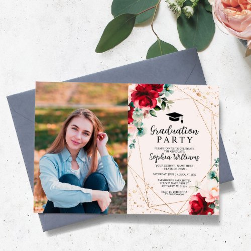Red Rose  Gold Watercolor Photo Graduation Party Invitation