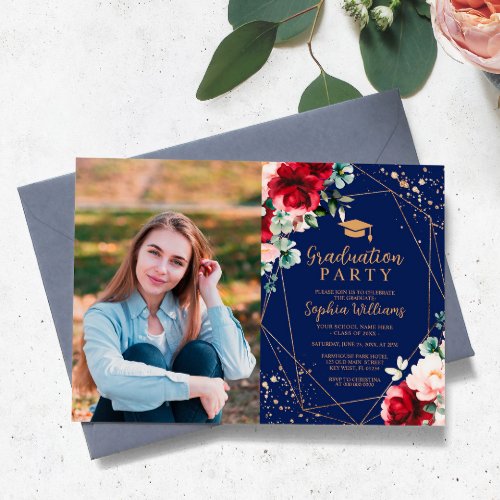 Red Rose  Gold Watercolor Photo Graduation Party Invitation