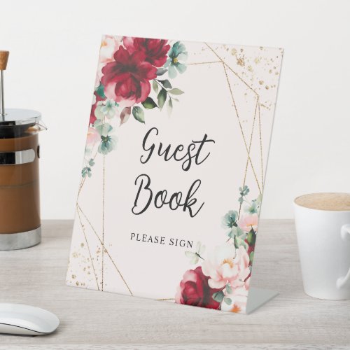 Red Rose  Gold Watercolor Shower Guest Book Sign