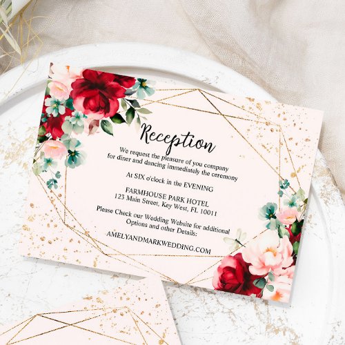 Red Rose  Gold Watercolor Wedding Reception Enclosure Card