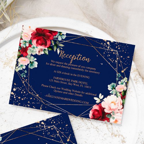 Red Rose  Gold Watercolor Wedding Reception Enclosure Card