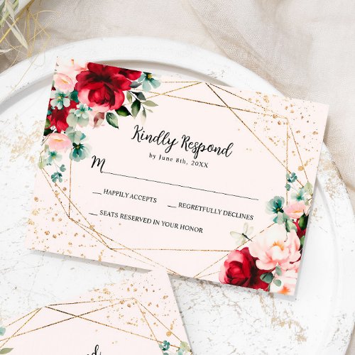 Red Rose  Gold Watercolor Wedding RSVP Card