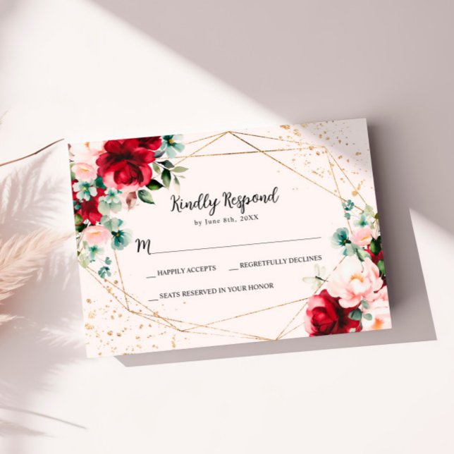 Red Rose & Gold Watercolor Wedding RSVP Card (Creator Uploaded)