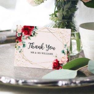 Red Rose & Gold Watercolor Wedding Thank You Card