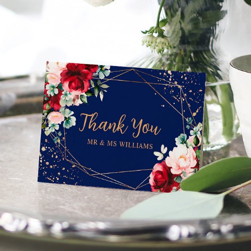 Red Rose  Gold Watercolor Wedding Thank You Card