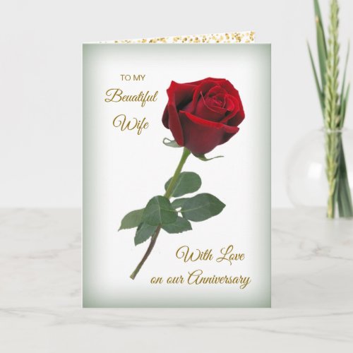 Red rose golden confetti Wife Anniversary Card