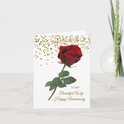 Red rose golden confetti Wife Anniversary Card
