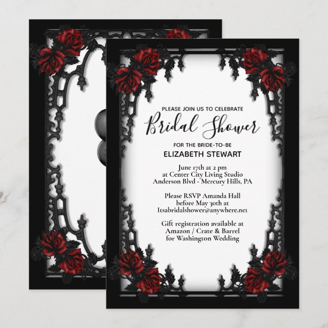 Red Rose Gothic Bridal Shower w Registration Info Invitation (Front/Back)