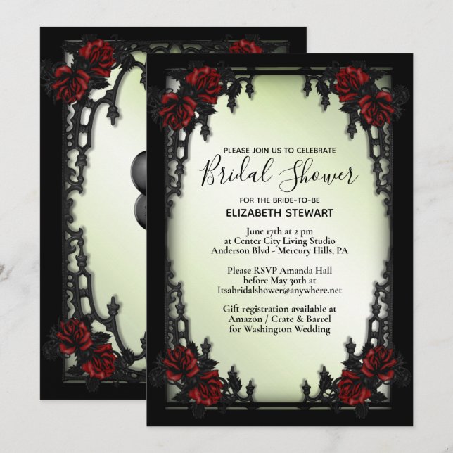 Red Rose Gothic Bridal Shower w Registration Info Invitation (Front/Back)
