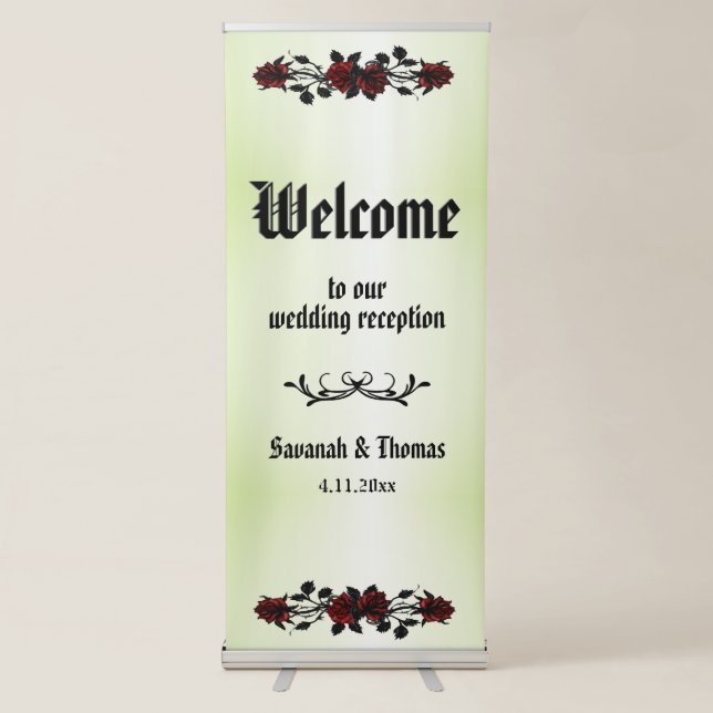 Red Rose Gothic Green Iron Gate Reception Welcome Retractable Banner (Front)