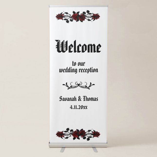 Red Rose Gothic Iron Gate Reception Welcome Retractable Banner (Front)