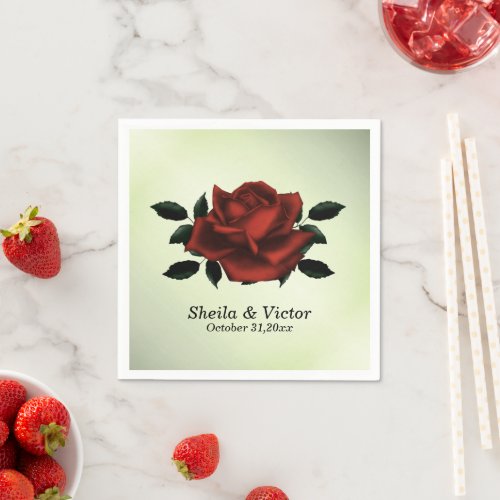 Red Rose Gothic Names Date Green Wedding Napkins