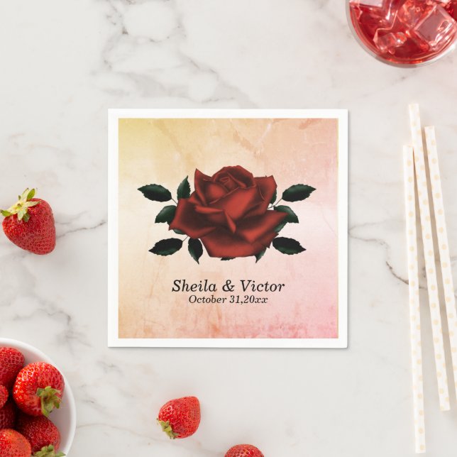 Red Rose Gothic Names Date Peach Wedding Napkins (Insitu)