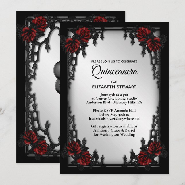 Red Rose Gothic quinceanera Iron Gate Invitation (Front/Back)