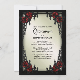 Red Rose Gothic Quinceañera Iron Gate Olive Invitation