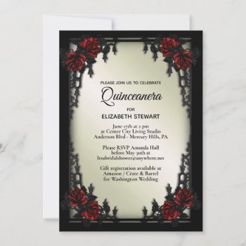 Red Rose Gothic Quinceañera Iron Gate Olive Invitation by kahmier at Zazzle