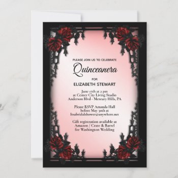 Red Rose Gothic Quinceañera Iron Gate Pink Invitation by kahmier at Zazzle