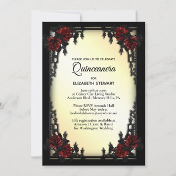 Red Rose Gothic Quinceañera Iron Gate Yellow Invitation by kahmier at Zazzle