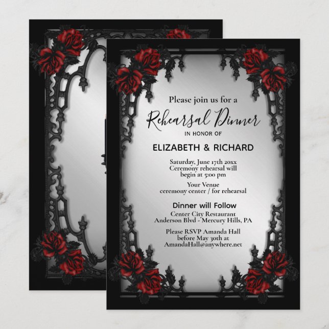 Red Rose Gothic Rehearsal Dinner Iron Gate  Invitation (Front/Back)