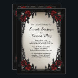 Red Rose Gothic Sweet Sixteen Iron Gate Gold Invitation<br><div class="desc">Beautiful deep red rose with names and date on antique gold background

Please triple check your text before the final purchase</div>