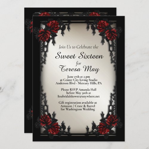 Red Rose Gothic Sweet Sixteen Iron Gate Gold Invitation