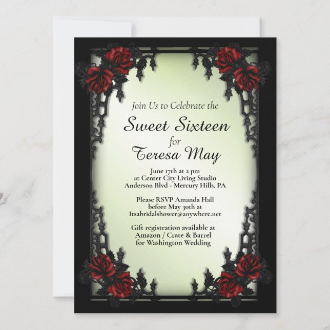Red Rose Gothic Sweet Sixteen Iron Gate  Invitation (Front)
