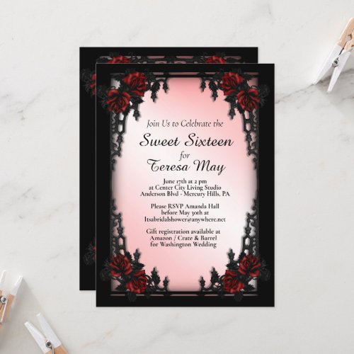 Red Rose Gothic Sweet Sixteen Iron Gate Pink  Invitation