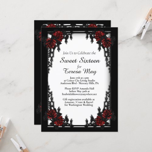 Red Rose Gothic Sweet Sixteen Iron Gate White Invitation