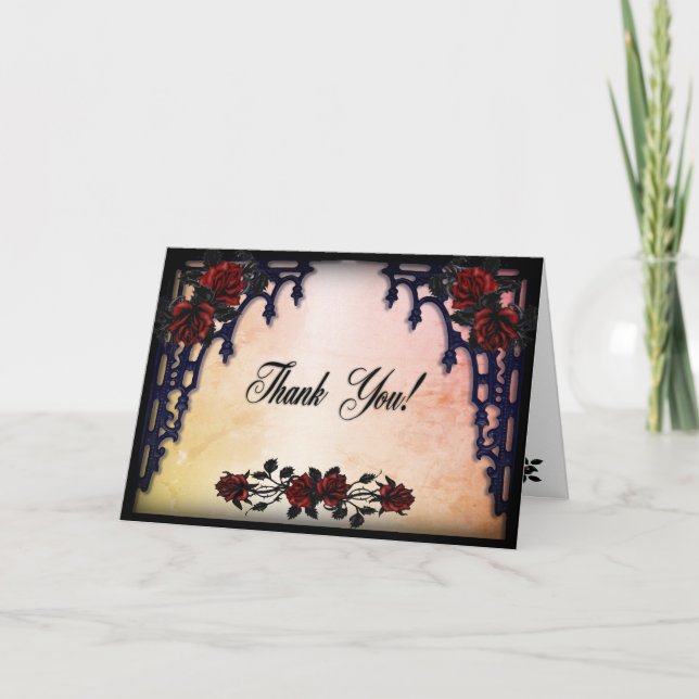 Red Rose Gothic Wedding Blank Inside Peach Thank You Card (Front)