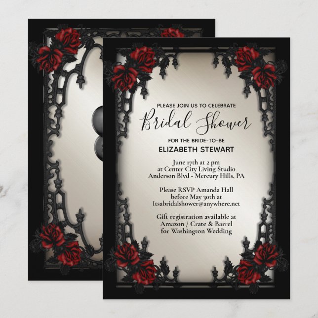 Red Rose Gothic Wedding Bridal Shower Antique Gold Invitation (Front/Back)