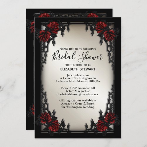 Red Rose Gothic Wedding Bridal Shower Antique Gold Invitation