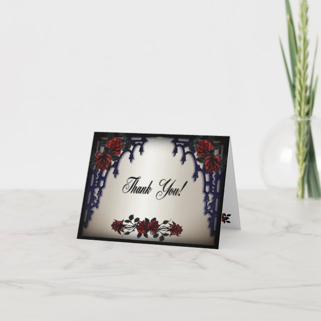 Red Rose Gothic Wedding Iron Gate Antique Gold Thank You Card (Front)