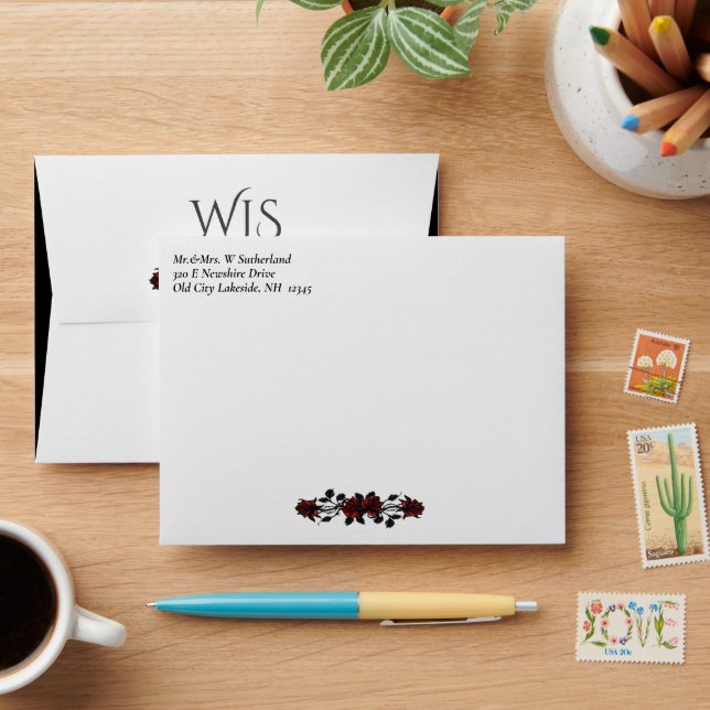Red Rose Gothic Wedding Monogram  Envelope (Desk)
