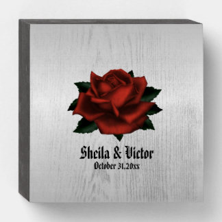 Red Rose Gothic Wedding Name and Date Wooden Box Sign