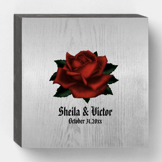 Red Rose Gothic Wedding Name and Date Wooden Box Sign (Front Horizontal)