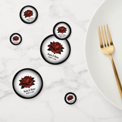 Red Rose Gothic Wedding Names and Date Confetti