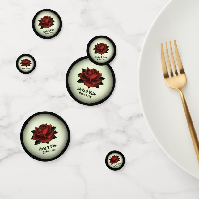 Red Rose Gothic Wedding Names and Date Green  Confetti (Group)