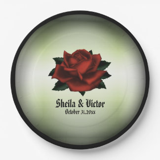 Red Rose Gothic Wedding Names and Date Green  Paper Plates
