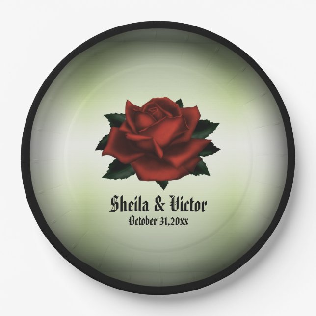 Red Rose Gothic Wedding Names and Date Green  Paper Plates (Front)