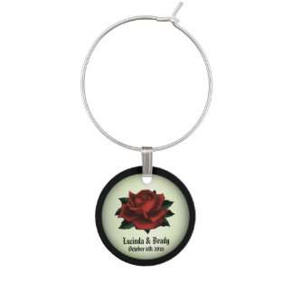 Red Rose Gothic Wedding Names and Date Green  Wine Charm