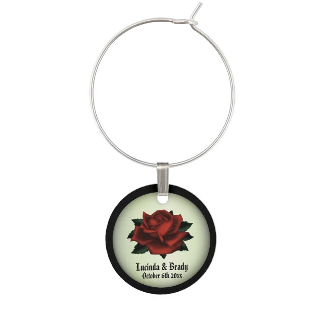 Red Rose Gothic Wedding Names and Date Green  Wine Charm (Front)