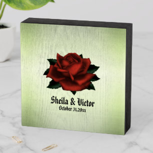 Red Rose Gothic Wedding Names and Date Green  Wooden Box Sign